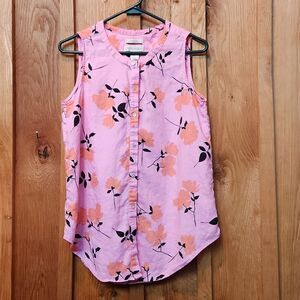 Cynthia Rowley Floral 100% Linen Button Down Sleeveless Shirt, Small, Pink Black